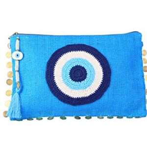 Karens Ege Evil Eye Jute/Burlap Clutch Bag for Women Beach Bag Zipper Closure with Crystals and Tassels (w/o Chain)