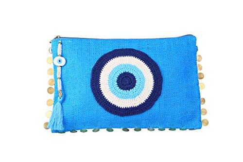 Karens Ege Evil Eye Jute/Burlap Clutch Bag for Women Beach Bag Zipper Closure with Crystals and Tassels (w/o Chain)