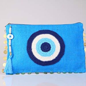 Karens Ege Evil Eye Jute/Burlap Clutch Bag for Women Beach Bag Zipper Closure with Crystals and Tassels (w/o Chain)