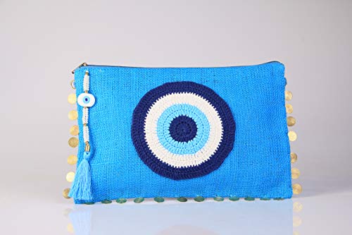 Karens Ege Evil Eye Jute/Burlap Clutch Bag for Women Beach Bag Zipper Closure with Crystals and Tassels (w/o Chain)