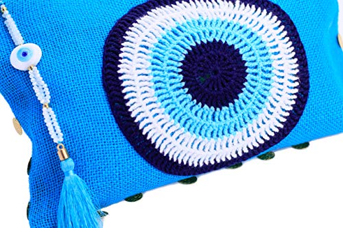 Karens Ege Evil Eye Jute/Burlap Clutch Bag for Women Beach Bag Zipper Closure with Crystals and Tassels (w/o Chain)