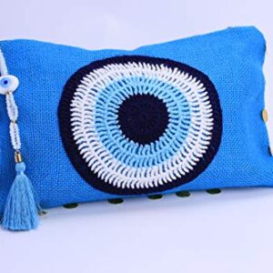 Karens Ege Evil Eye Jute/Burlap Clutch Bag for Women Beach Bag Zipper Closure with Crystals and Tassels (w/o Chain)