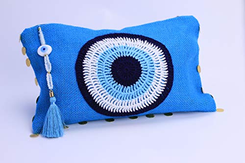 Karens Ege Evil Eye Jute/Burlap Clutch Bag for Women Beach Bag Zipper Closure with Crystals and Tassels (w/o Chain)