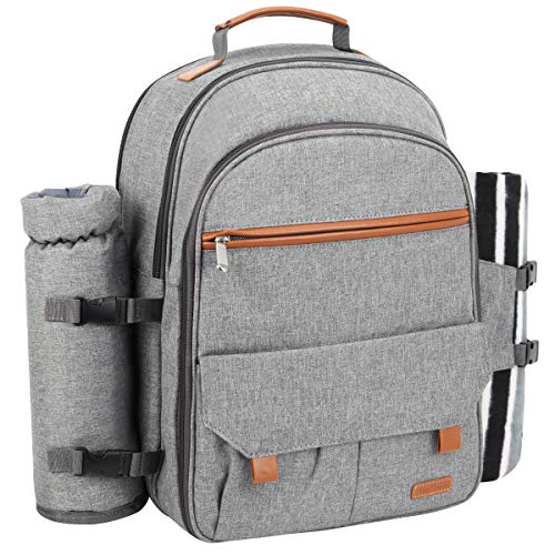 Sunflora Picnic Backpack for 4 Person with Blanket Picnic Basket Set for 2 with Insulated Cooler Wine Pouch for Family Couples (Gray)