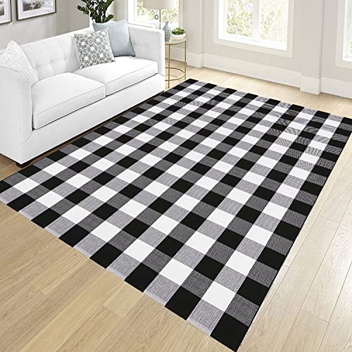 SHACOS Large Cotton Area Rug 4'x6' Black White Plaid Cotton Woven Rug for Living Room Bedroom Doorway (4' x 6', Black White)