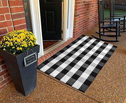 SHACOS Large Cotton Area Rug 4'x6' Black White Plaid Cotton Woven Rug for Living Room Bedroom Doorway (4' x 6', Black White)