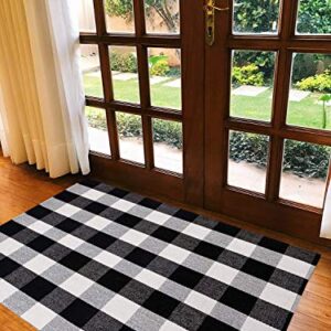 SHACOS Large Cotton Area Rug 4'x6' Black White Plaid Cotton Woven Rug for Living Room Bedroom Doorway (4' x 6', Black White)