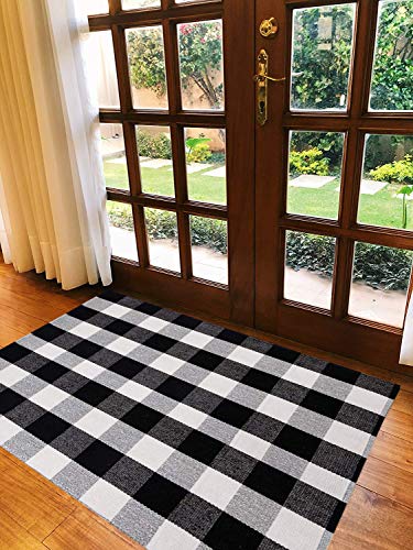 SHACOS Large Cotton Area Rug 4'x6' Black White Plaid Cotton Woven Rug for Living Room Bedroom Doorway (4' x 6', Black White)