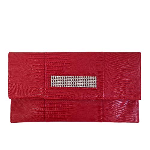 JNB Lizard Pattern With Crystal Envelope Clutch, Red