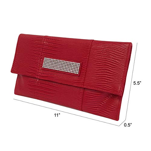 JNB Lizard Pattern With Crystal Envelope Clutch, Red