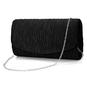 ziumudy womens satin pleated evening bags party clutches bridal shoulder chain handbags (black)