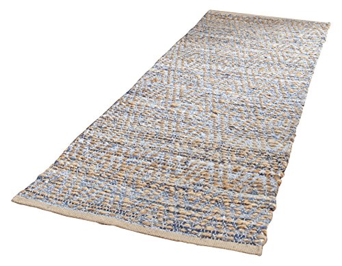 SAFAVIEH Cape Cod Collection 2'3" x 6' Natural / Blue CAP351A Handmade Flatweave Coastal Braided Jute Runner Rug