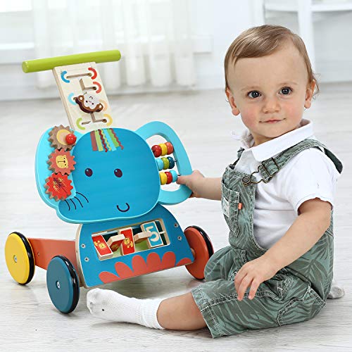 labebe - Baby Pushing Walker Toy for 1-3 Years Old Girl/Boy, Toddler Learning Walker 4 Wheels Wooden Walker, Infant Activity Walker Wagon Toy, Kids Walker Toy for Walking - Blue Elephant