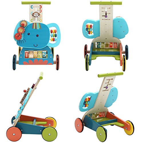 labebe - Baby Pushing Walker Toy for 1-3 Years Old Girl/Boy, Toddler Learning Walker 4 Wheels Wooden Walker, Infant Activity Walker Wagon Toy, Kids Walker Toy for Walking - Blue Elephant