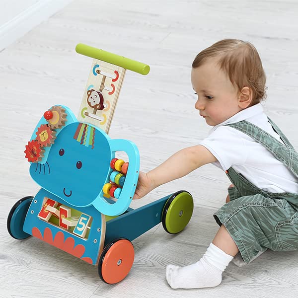 labebe - Baby Pushing Walker Toy for 1-3 Years Old Girl/Boy, Toddler Learning Walker 4 Wheels Wooden Walker, Infant Activity Walker Wagon Toy, Kids Walker Toy for Walking - Blue Elephant