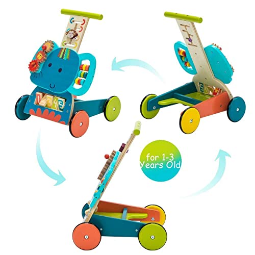 labebe - Baby Pushing Walker Toy for 1-3 Years Old Girl/Boy, Toddler Learning Walker 4 Wheels Wooden Walker, Infant Activity Walker Wagon Toy, Kids Walker Toy for Walking - Blue Elephant