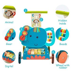 labebe - Baby Pushing Walker Toy for 1-3 Years Old Girl/Boy, Toddler Learning Walker 4 Wheels Wooden Walker, Infant Activity Walker Wagon Toy, Kids Walker Toy for Walking - Blue Elephant