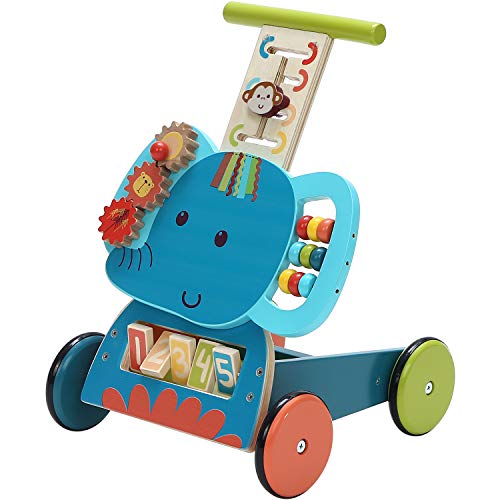 labebe - Baby Pushing Walker Toy for 1-3 Years Old Girl/Boy, Toddler Learning Walker 4 Wheels Wooden Walker, Infant Activity Walker Wagon Toy, Kids Walker Toy for Walking - Blue Elephant