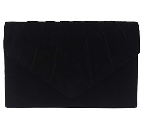 ZIUMUDY Elegant Velvet Envelope Pleated Clutch Bags Wedding Evening Shoulder Chain Handbags (Black)