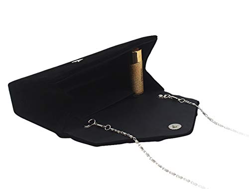 ZIUMUDY Elegant Velvet Envelope Pleated Clutch Bags Wedding Evening Shoulder Chain Handbags (Black)
