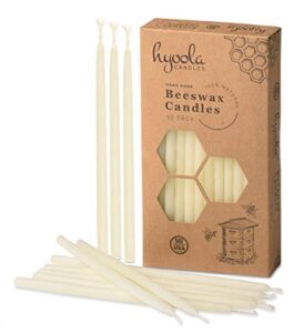 hyoola beeswax birthday candles – 50 pack – natural dripless decorative candles with long lasting burn – elegant taper design, soothing scent – 6″ tall – handmade in the usa