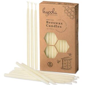 Hyoola Beeswax Birthday Candles - 50 Pack - Natural Dripless Decorative Candles with Long Lasting Burn - Elegant Taper Design, Soothing Scent - 6" Tall - Handmade in The USA