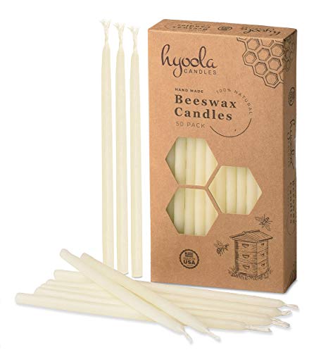 Hyoola Beeswax Birthday Candles - 50 Pack - Natural Dripless Decorative Candles with Long Lasting Burn - Elegant Taper Design, Soothing Scent - 6" Tall - Handmade in The USA