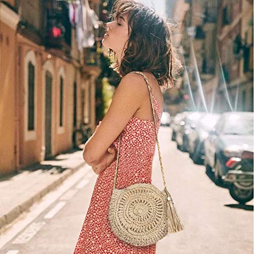 Straw Shoulder Bag, Kadell Women Handmade Summer Beach Crossbody Bag, for Travel Outing Dating Outgoing, for Girls Ladies Women, comes with tassels, Beige