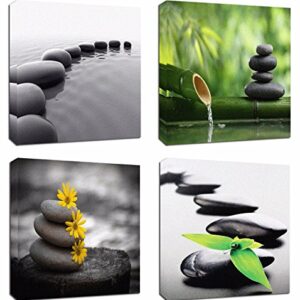 4Pcs 12x12 Canvas Wood Stretched Zen Stone Garden Rocks Spa Bamboo Fountain Japan Yoga Theme Pink Frame Landscape Abstract Modern Art For Home Room Office Wall Print Decor 12x12" inch (30x30cm