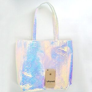 Mily Hologram Tote Bag Laser PU Shoulder Bag, Silver Snakeskin, Size One Size