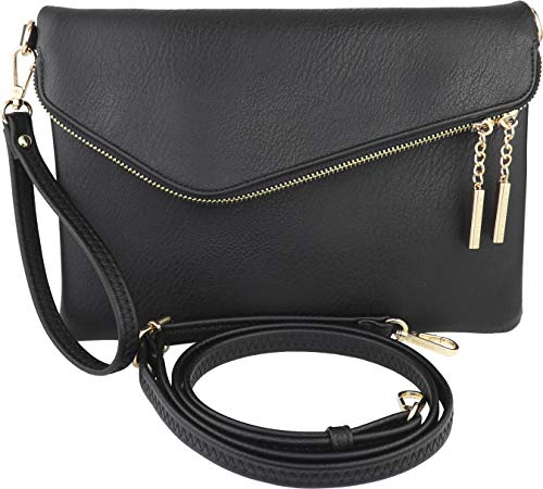 B BRENTANO Fold-Over Envelope Wristlet Clutch Crossbody Bag (Black.)