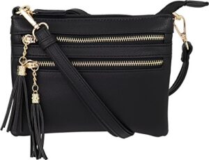 b brentano vegan mini multi-zipper crossbody handbag purse with tassel accents (black.)