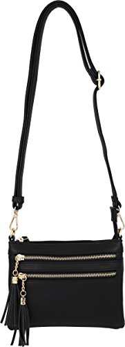 B BRENTANO Vegan Mini Multi-Zipper Crossbody Handbag Purse with Tassel Accents (Black.)