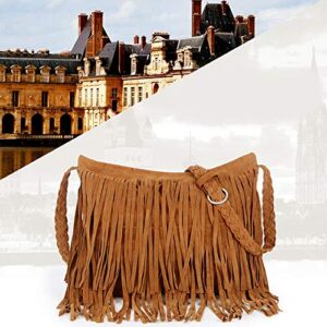 Goclothod Women Hippie Fringe Tassel Suede Hobo Shoulder Bag Vintage Messenger Crossbody Handbag Camel