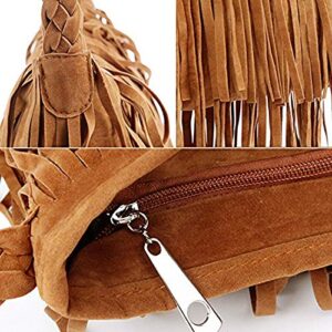 Goclothod Women Hippie Fringe Tassel Suede Hobo Shoulder Bag Vintage Messenger Crossbody Handbag Camel