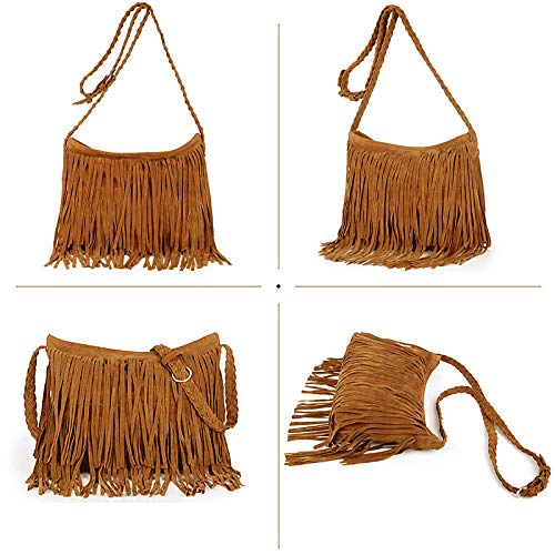 Goclothod Women Hippie Fringe Tassel Suede Hobo Shoulder Bag Vintage Messenger Crossbody Handbag Camel