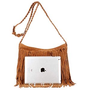 Goclothod Women Hippie Fringe Tassel Suede Hobo Shoulder Bag Vintage Messenger Crossbody Handbag Camel