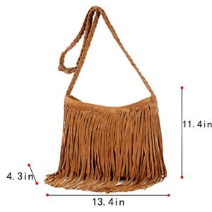 Goclothod Women Hippie Fringe Tassel Suede Hobo Shoulder Bag Vintage Messenger Crossbody Handbag Camel