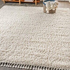 jonathan y mcr100d-8 mercer shag plush tassel indoor area-rug bohemian modern contemporary solid easy-cleaning bedroom kitchen living room, 8 x 10, cream with tassel
