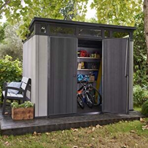 Keter Artisan 9x7 Foot Large Outdoor Shed with Floor with Modern Design for Patio Furniture, Lawn Mower, Tools, and Bike Storage, Grey
