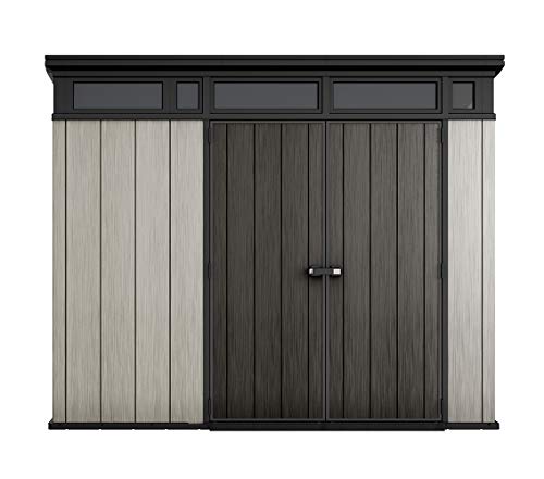 Keter Artisan 9x7 Foot Large Outdoor Shed with Floor with Modern Design for Patio Furniture, Lawn Mower, Tools, and Bike Storage, Grey