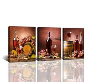 baisuwallart-3 pieces kitchen wall decor red wine cups hd modern framed wall art drink food and beverage restaurant canvas prints pictures paintings wine glass barrel for dining room