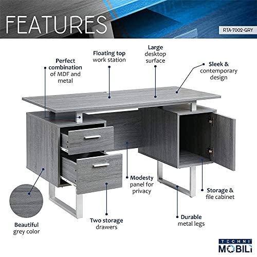 Techni Mobili Modern Office Desk with Storage, Gray