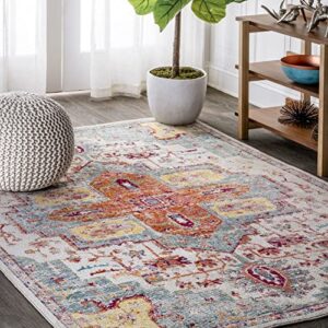 jonathan y cav100a-3 zafra vintage medallion indoor area-rug bohemian floral rustic easy-cleaning high traffic bedroom kitchen living room non shedding, 3 ft x 5 ft, coral/blue/multi