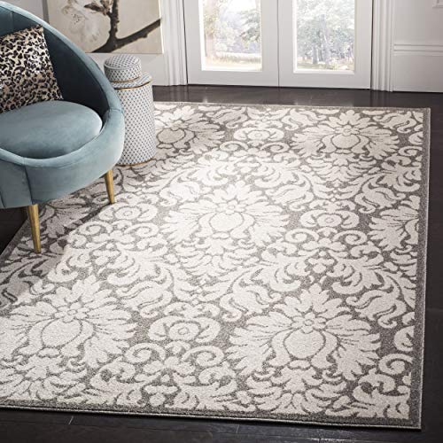 SAFAVIEH Amherst Collection 3' x 5' Dark Grey/Beige AMT427R Floral Damask Non-Shedding Living Room Bedroom Accent Rug