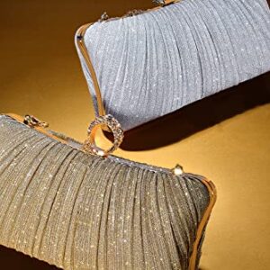 iWISH Womens Golden Glitter Clutch Purse Pleated Evening Bag for Bridal Wedding Party with Rhinestone Ring