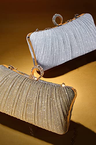 iWISH Womens Golden Glitter Clutch Purse Pleated Evening Bag for Bridal Wedding Party with Rhinestone Ring