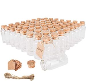 64pcs 30ml cork stoppers glass bottles, small jars with personalized label tags and string, mini bottles of candy, wedding favors for guests, set of 64