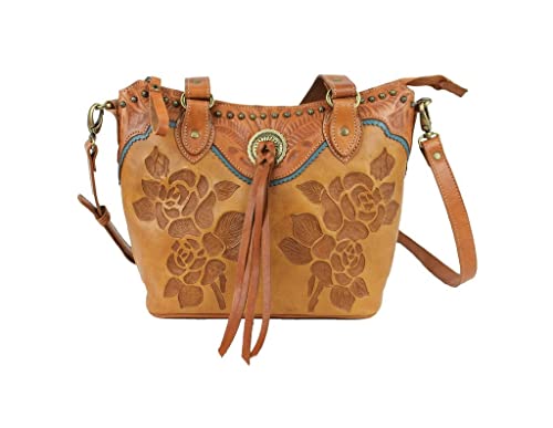 American West Texas Rose Leather Small Convertible Bucket Tote - Golden Tan