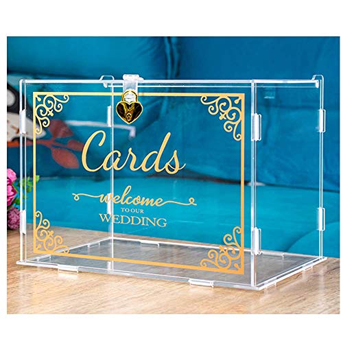 Wedding Card Box With Lock（Acrylic 11×8×8 in），Foldable，Gold Pattern